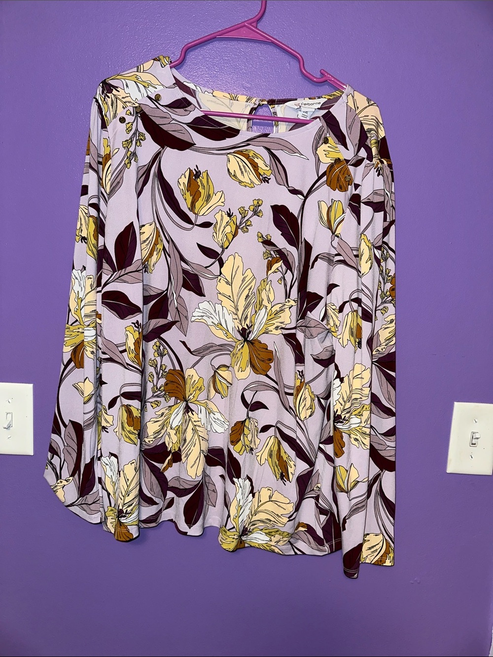 Liz Claiborne Lavender Floral Long Sleeve Blouse with Mustard and Plum Print
